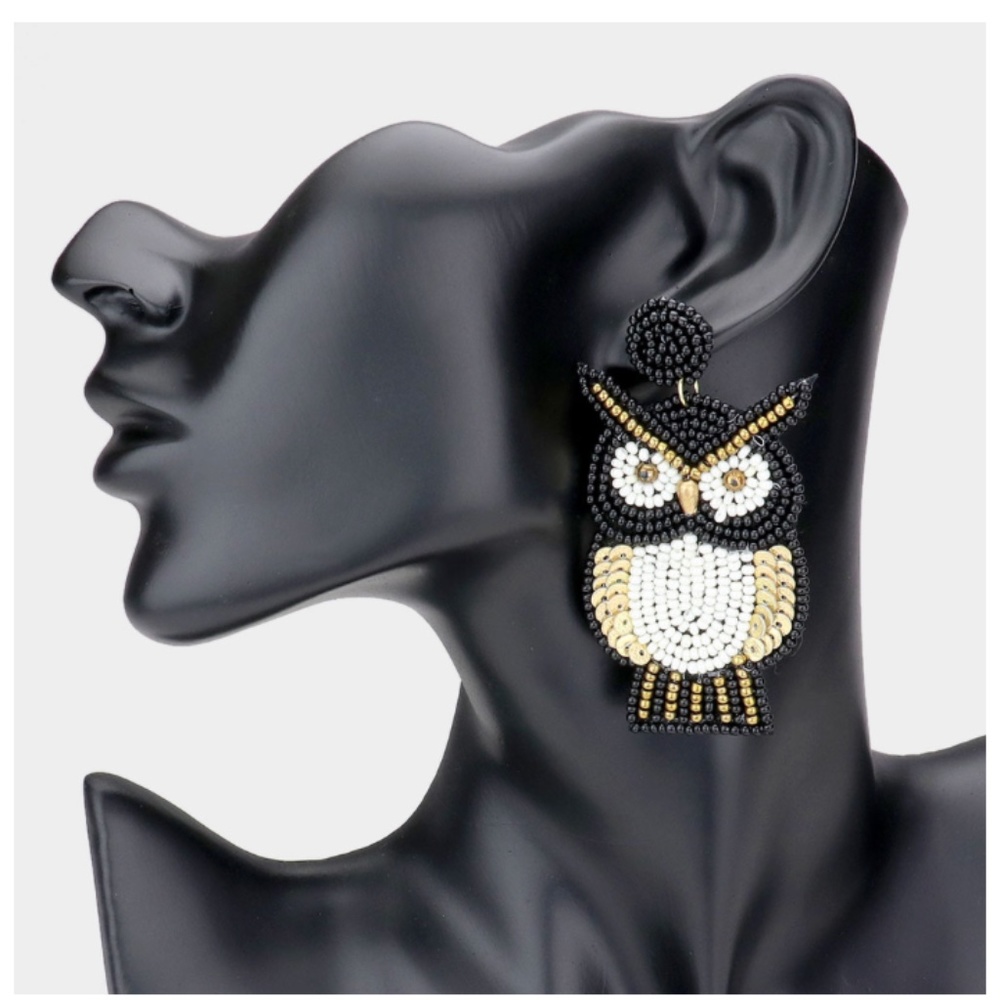 SEQUIN SEED BEADED OWL DANGLE EARRINGS - Picture 2 of 2